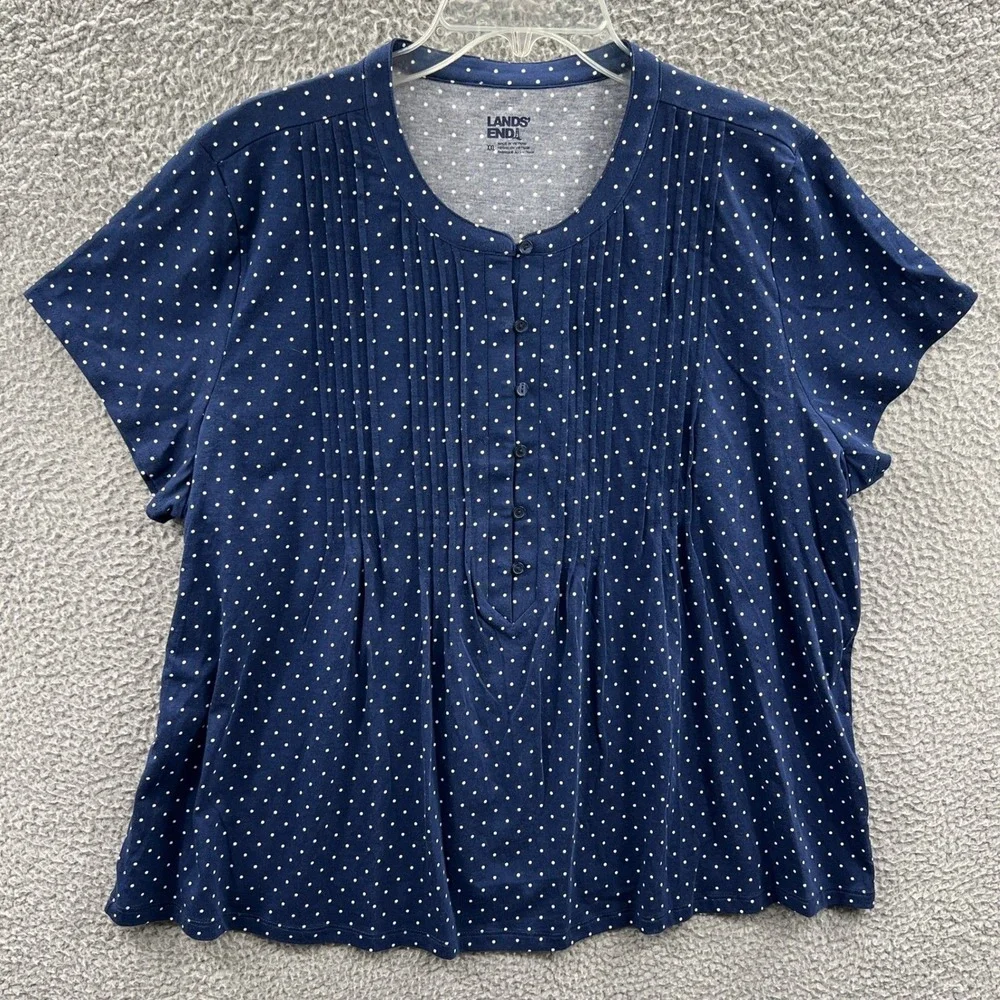 Lands End Womens Top XXL Navy Polka Dot Button Front Casual Everyday Soft